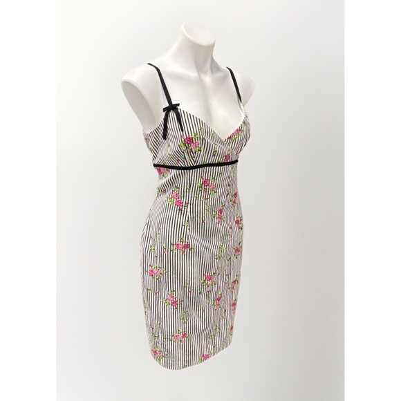 Y2K Maggy London floral Embroidered Roses Striped Babydoll Dress Sz12 - Picture 2 of 12